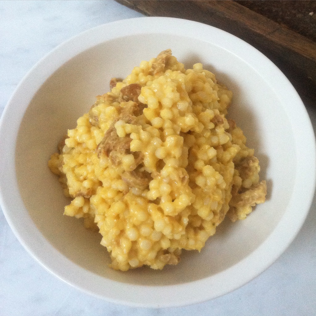 Cheesy Pumpkin Couscous with Maple Tempeh